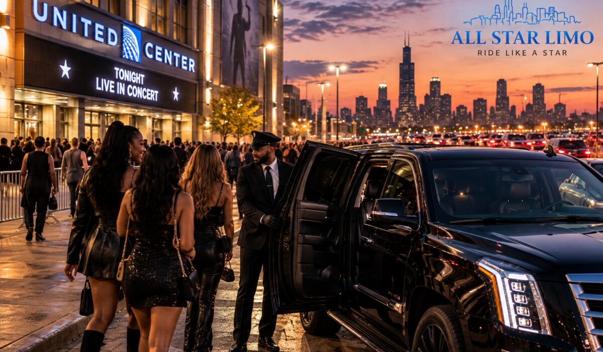 All Star Limo chauffeur greeting a group outside the United Center before a concert, with a packed parking lot in the background