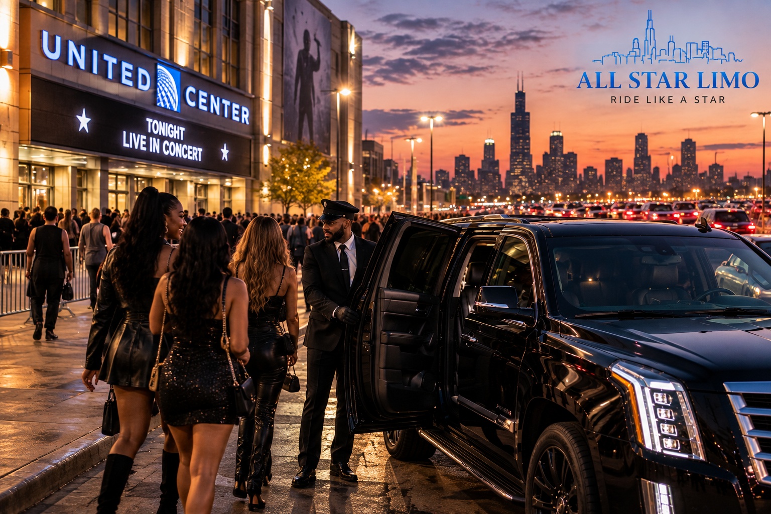 All Star Limo chauffeur greeting a group outside the United Center before a concert, with a packed parking lot in the background