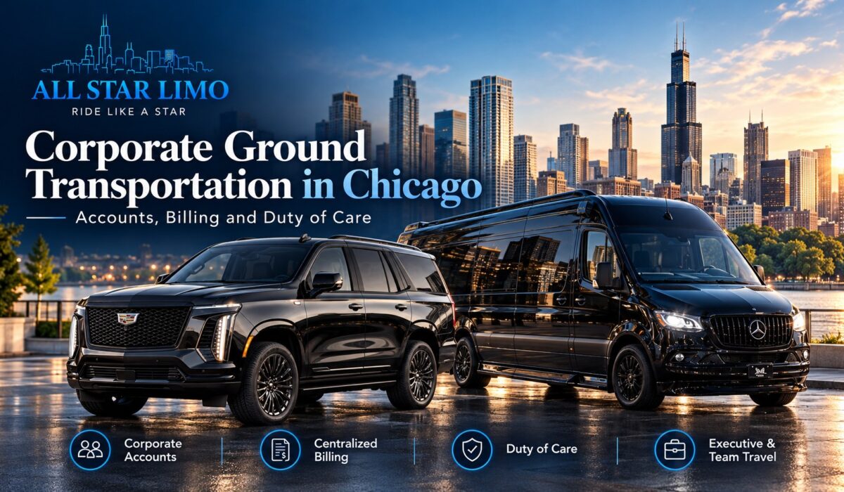 All Star Limo corporate ground transportation in Chicago with a black luxury SUV and Mercedes Sprinter parked by the downtown skyline