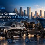 All Star Limo corporate ground transportation in Chicago with a black luxury SUV and Mercedes Sprinter parked by the downtown skyline