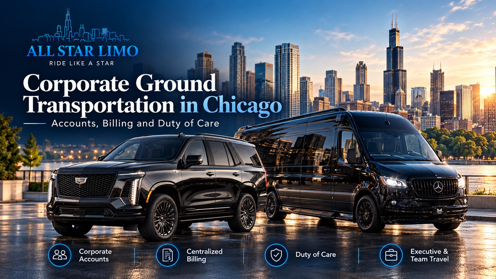 All Star Limo corporate ground transportation in Chicago with a black luxury SUV and Mercedes Sprinter parked by the downtown skyline