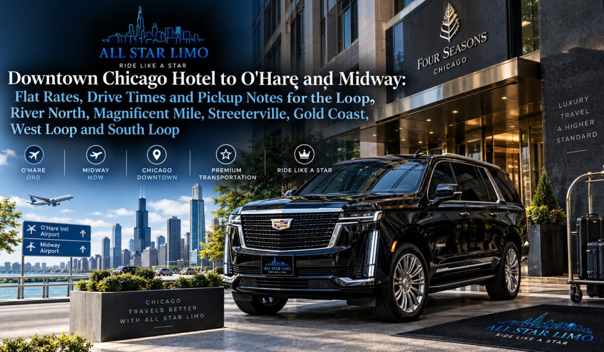 Downtown Chicago hotel to O'Hare and Midway car service, with a black All Star Limo Cadillac Escalade at a luxury hotel entrance with luggage on a bell cart and the Chicago skyline behind