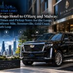 Downtown Chicago hotel to O'Hare and Midway car service, with a black All Star Limo Cadillac Escalade at a luxury hotel entrance with luggage on a bell cart and the Chicago skyline behind