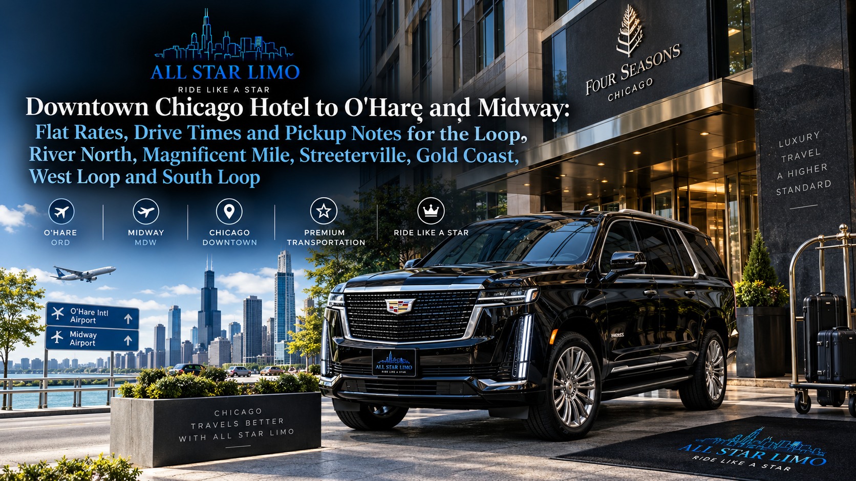 Downtown Chicago hotel to O'Hare and Midway car service, with a black All Star Limo Cadillac Escalade at a luxury hotel entrance with luggage on a bell cart and the Chicago skyline behind