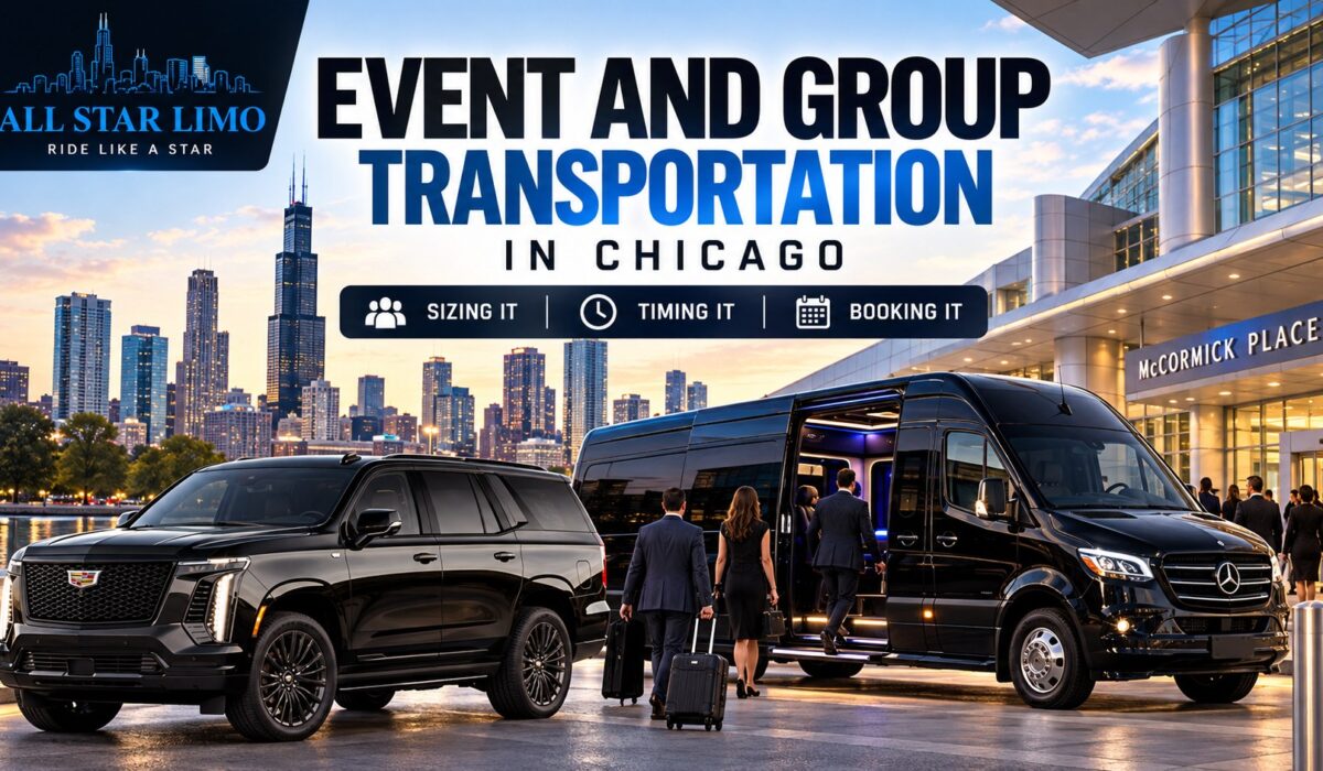 All Star Limo event and group transportation in Chicago, with a black SUV and Mercedes Sprinter van picking up business travelers at McCormick Place