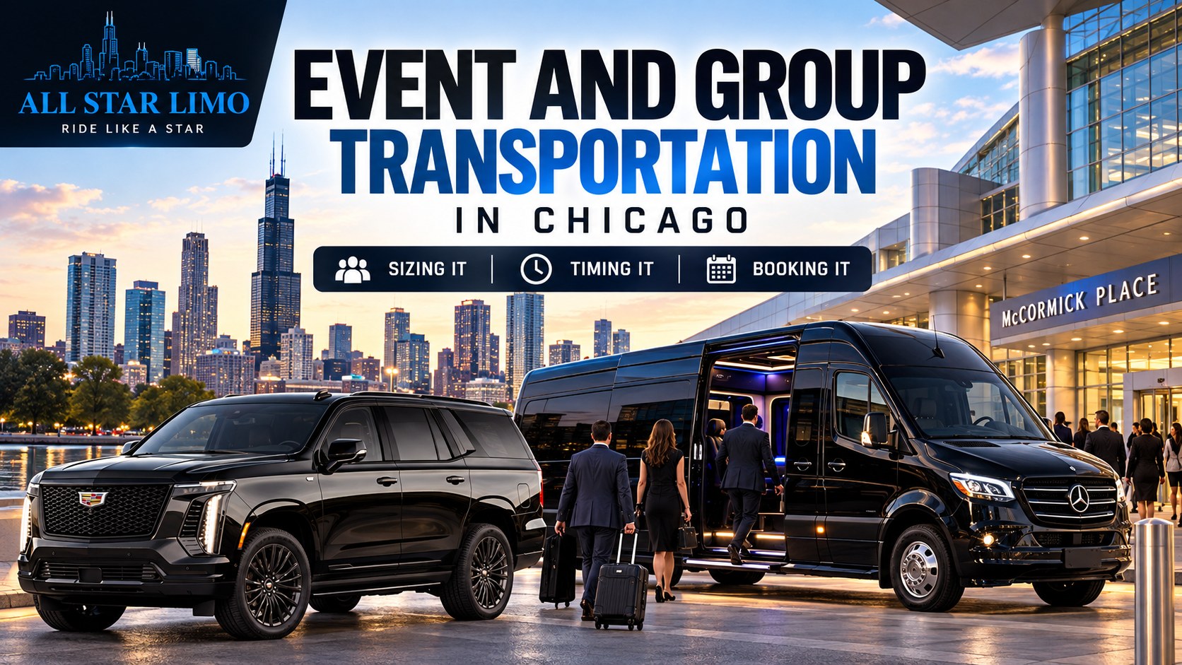 All Star Limo event and group transportation in Chicago, with a black SUV and Mercedes Sprinter van picking up business travelers at McCormick Place