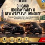All Star Limo graphic titled "Chicago Holiday Party & New Year's Eve Limo Guide" with a gold festive theme and confetti, showing a fleet of black vehicles — a stretch limo, luxury sedan, SUV, sprinter van, and shuttle — near the Chicago skyline and O'Hare airport signage.