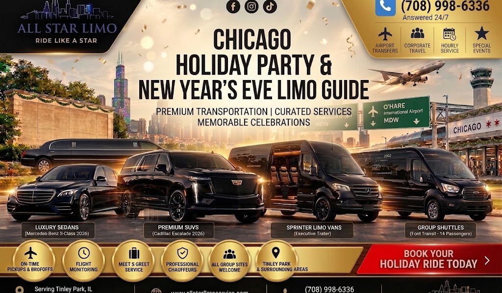 All Star Limo graphic titled "Chicago Holiday Party & New Year's Eve Limo Guide" with a gold festive theme and confetti, showing a fleet of black vehicles — a stretch limo, luxury sedan, SUV, sprinter van, and shuttle — near the Chicago skyline and O'Hare airport signage.