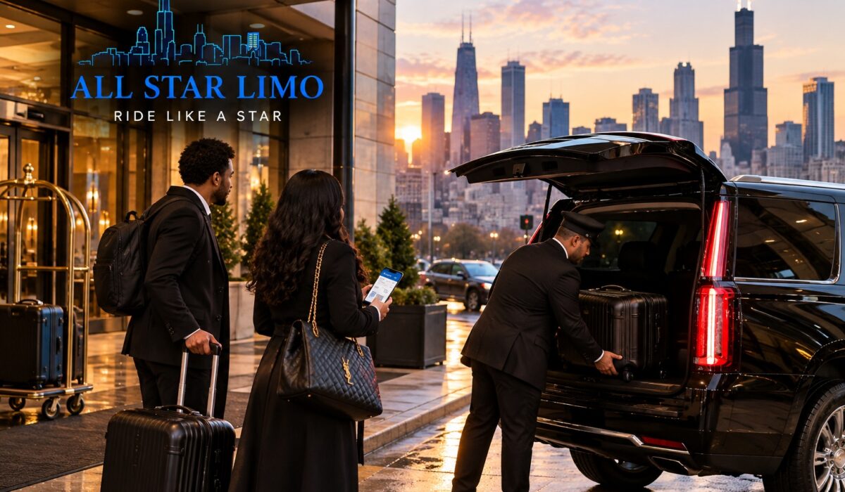 All Star Limo chauffeur loading luggage into a black SUV outside a Chicago hotel as travelers check their boarding pass at sunrise