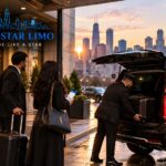 All Star Limo chauffeur loading luggage into a black SUV outside a Chicago hotel as travelers check their boarding pass at sunrise