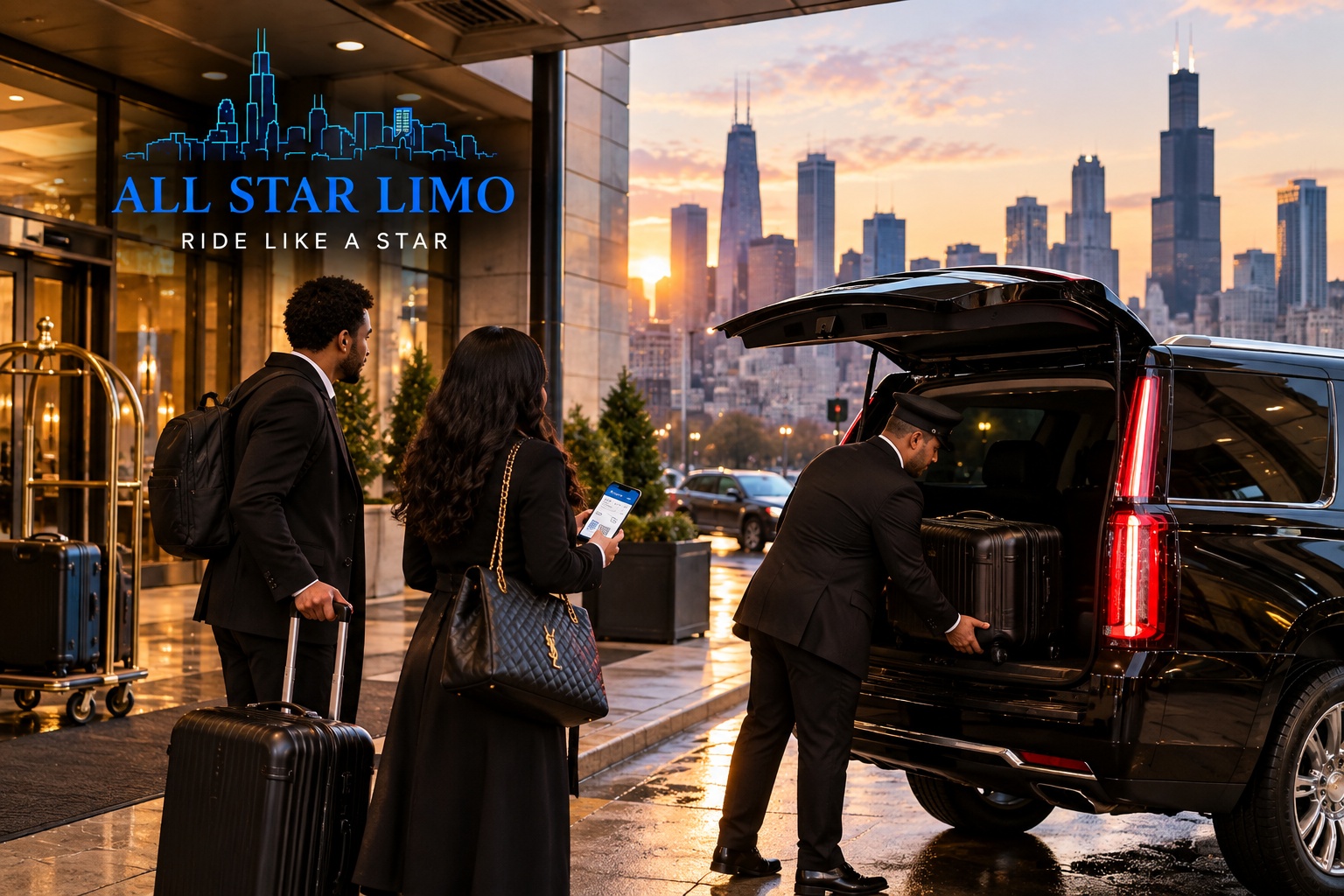 All Star Limo chauffeur loading luggage into a black SUV outside a Chicago hotel as travelers check their boarding pass at sunrise