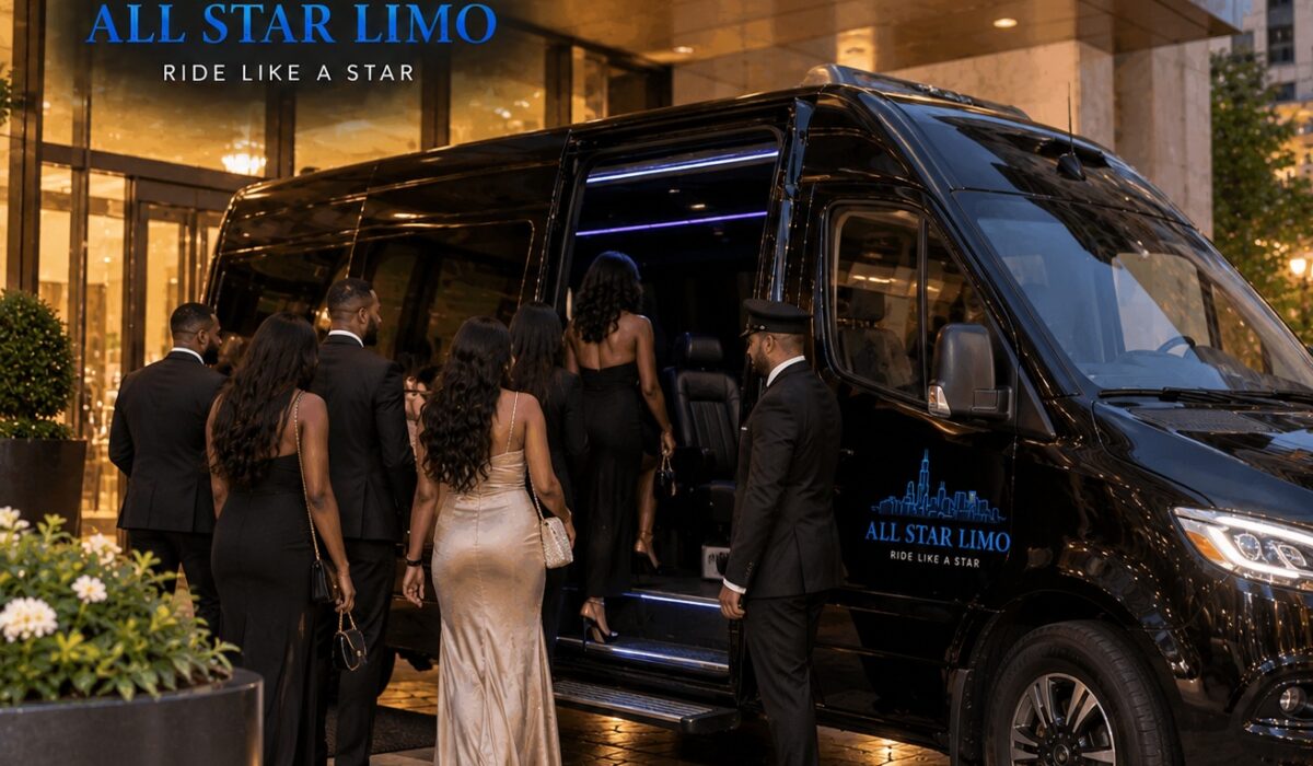A group of guests boarding an All Star Limo Sprinter van outside a Chicago hotel