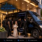 A group of guests boarding an All Star Limo Sprinter van outside a Chicago hotel