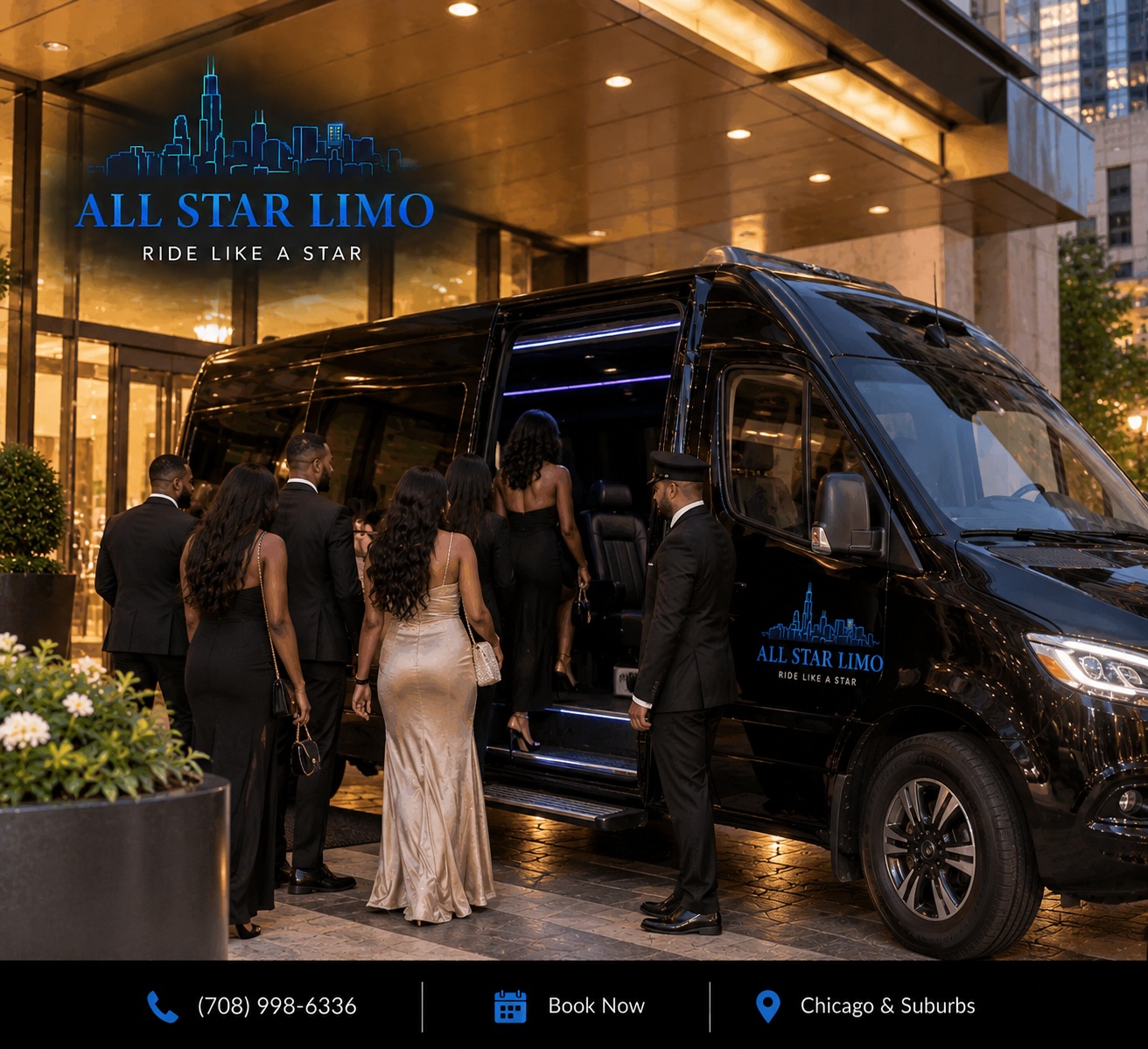 A group of guests boarding an All Star Limo Sprinter van outside a Chicago hotel