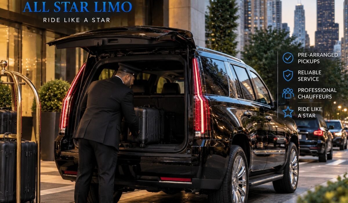 All Star Limo chauffeur loading luggage into a black SUV outside a Chicago hotel
