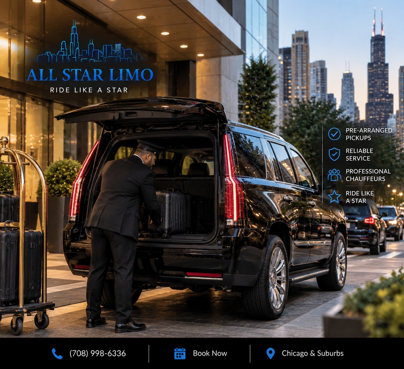 All Star Limo chauffeur loading luggage into a black SUV outside a Chicago hotel