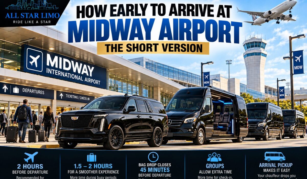 How early to arrive at Chicago Midway Airport: 2 hours for domestic flights, bag drop closing 45 minutes before departure, and All Star Limo Escalade and Sprinter vans at the terminal curb
