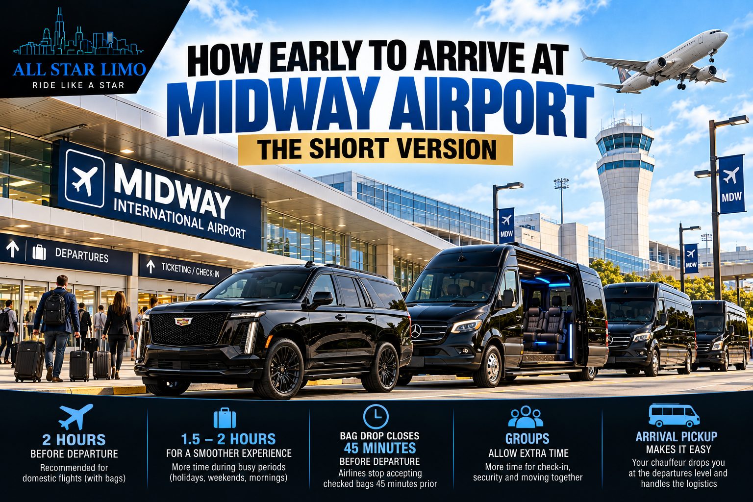 How early to arrive at Chicago Midway Airport: 2 hours for domestic flights, bag drop closing 45 minutes before departure, and All Star Limo Escalade and Sprinter vans at the terminal curb