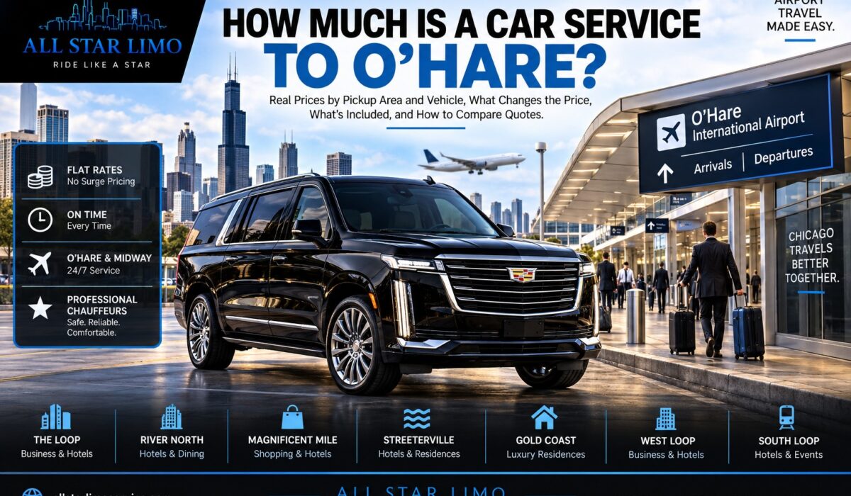How much is a car service to O'Hare, with a black Cadillac Escalade at the O'Hare terminal curb as travelers walk in with luggage and the Chicago skyline behind