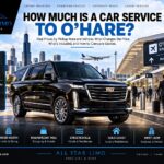 How much is a car service to O'Hare, with a black Cadillac Escalade at the O'Hare terminal curb as travelers walk in with luggage and the Chicago skyline behind