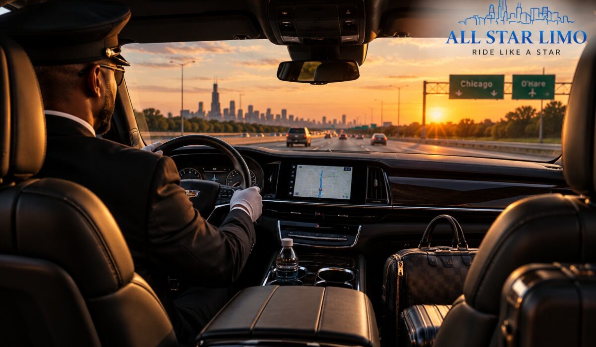 All Star Limo chauffeur driving toward the Chicago skyline at sunset during a long-distance trip