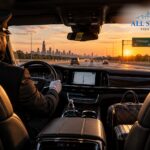 All Star Limo chauffeur driving toward the Chicago skyline at sunset during a long-distance trip