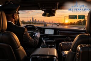 All Star Limo chauffeur driving toward the Chicago skyline at sunset during a long-distance trip