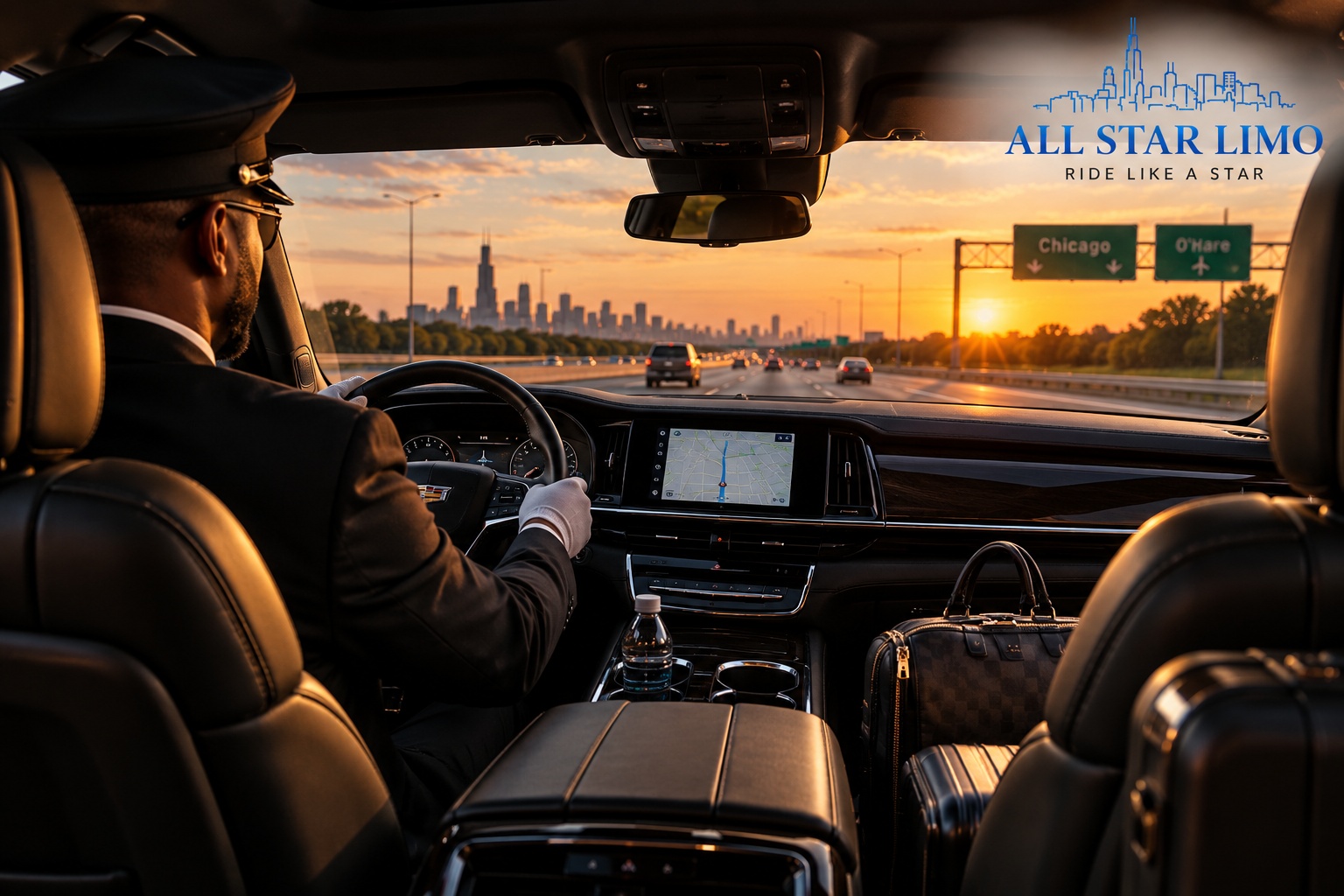 All Star Limo chauffeur driving toward the Chicago skyline at sunset during a long-distance trip