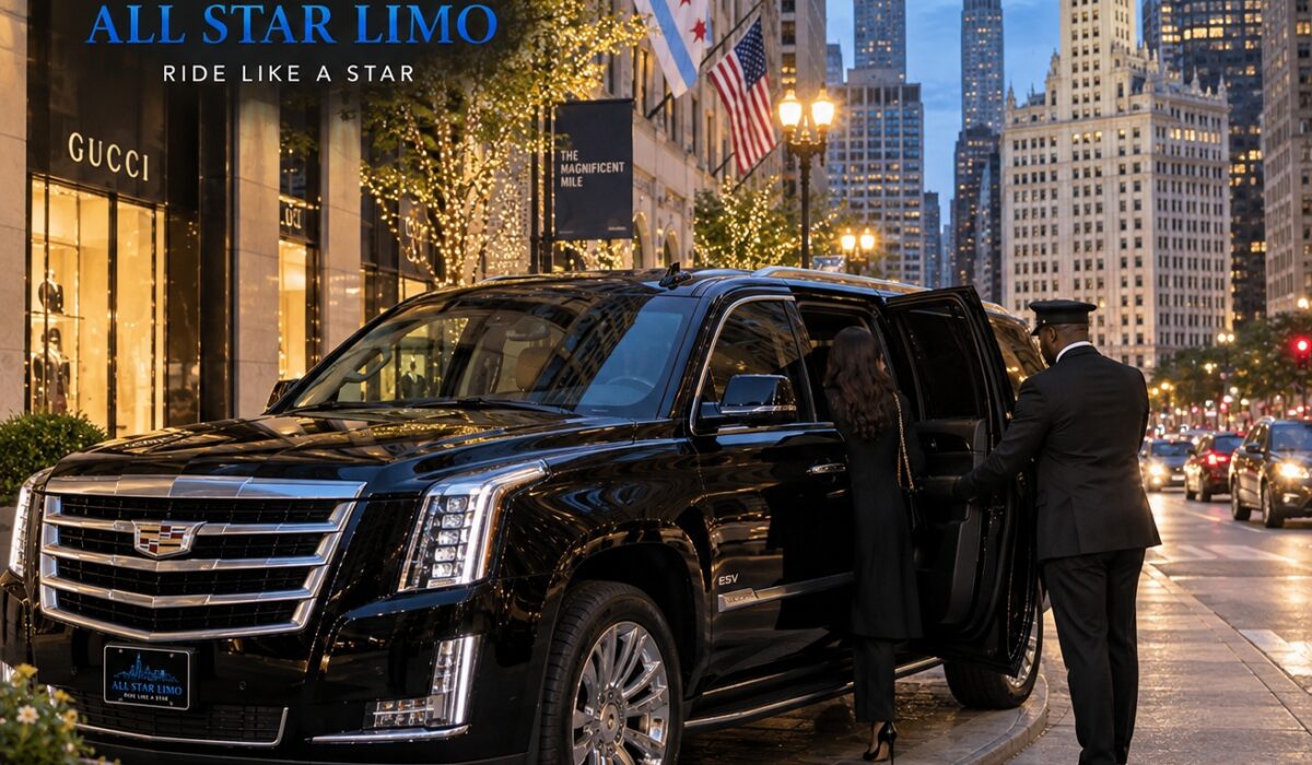 All Star Limo chauffeur assisting a guest into a vehicle on Michigan Avenue near the Magnificent Mile in Chicago