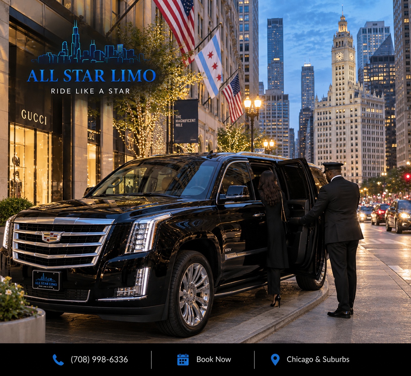 All Star Limo chauffeur assisting a guest into a vehicle on Michigan Avenue near the Magnificent Mile in Chicago