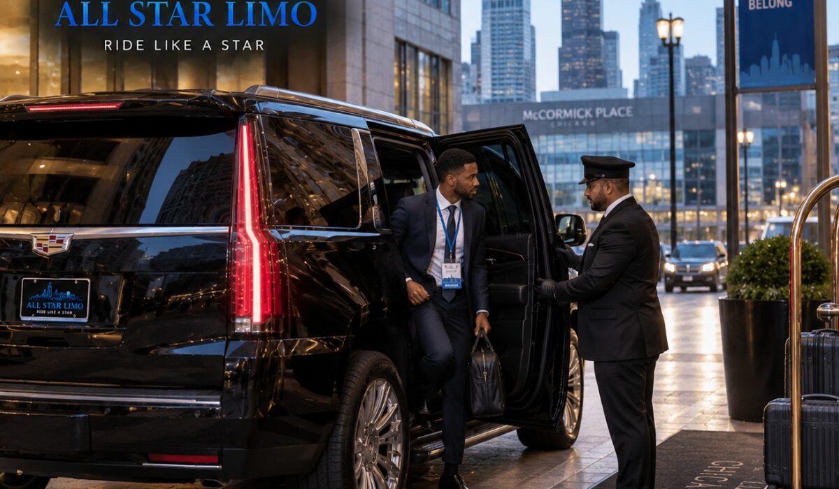 All Star Limo chauffeur assisting a convention attendee outside a Chicago hotel