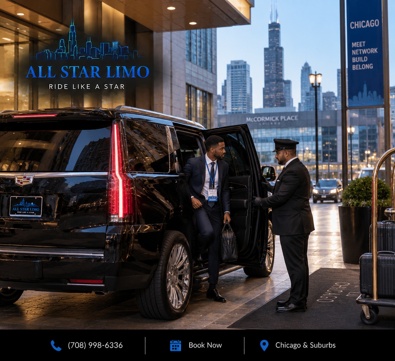 All Star Limo chauffeur assisting a convention attendee outside a Chicago hotel
