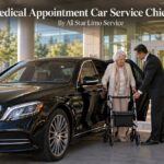 Medical appointment car service Chicago with a chauffeur helping an older woman with a walker out of a black 2026 sedan at a hospital entrance