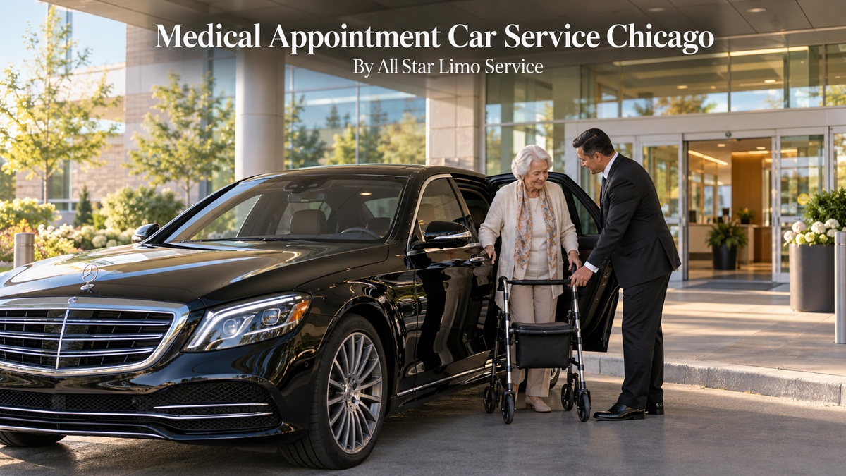 Medical appointment car service Chicago with a chauffeur helping an older woman with a walker out of a black 2026 sedan at a hospital entrance