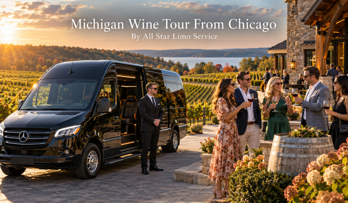 Michigan wine tour from Chicago with a black Mercedes Sprinter limo parked at a vineyard as a group of friends toasts with wine in autumn
