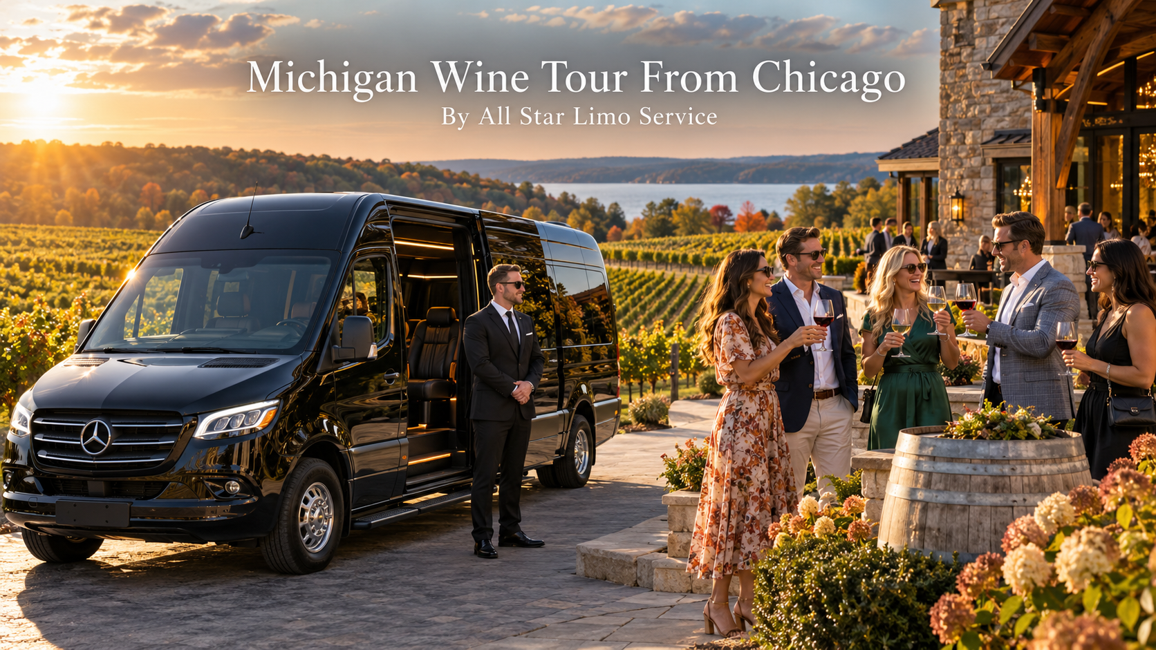 Michigan wine tour from Chicago with a black Mercedes Sprinter limo parked at a vineyard as a group of friends toasts with wine in autumn