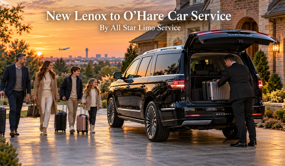 New Lenox to O'Hare car service with a black 2026 Lincoln Navigator and chauffeur loading luggage outside a suburban home at dawn