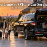 New Lenox to O'Hare car service with a black 2026 Lincoln Navigator and chauffeur loading luggage outside a suburban home at dawn
