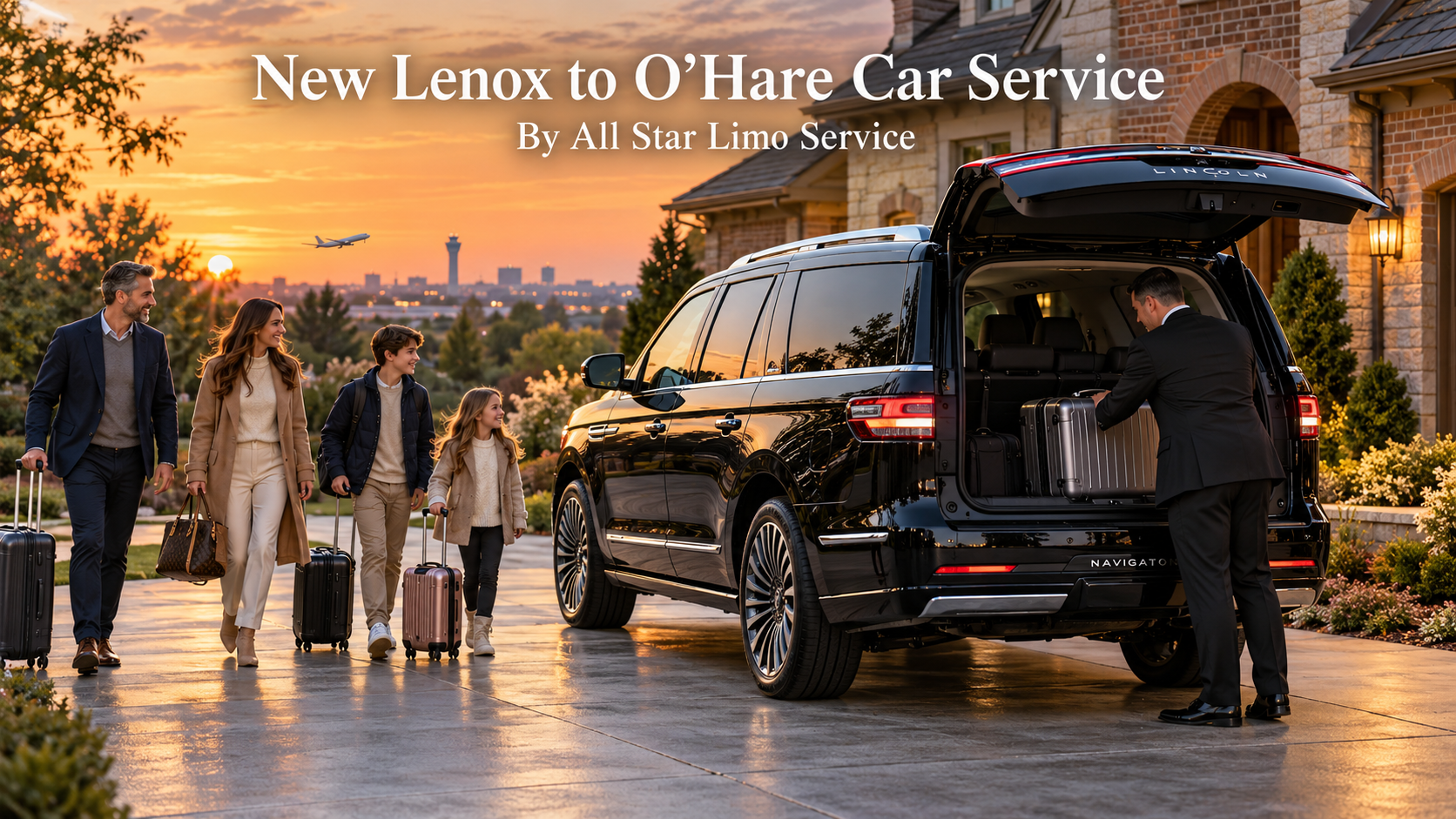 New Lenox to O'Hare car service with a black 2026 Lincoln Navigator and chauffeur loading luggage outside a suburban home at dawn
