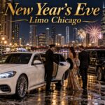 New Year's Eve limo Chicago with a white 2026 Mercedes-Benz S-Class and black Cadillac Escalade on a snowy downtown street at night