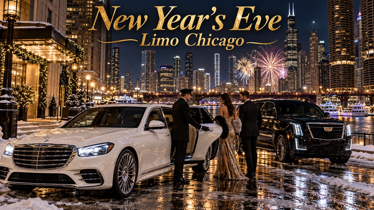 New Year's Eve limo Chicago with a white 2026 Mercedes-Benz S-Class and black Cadillac Escalade on a snowy downtown street at night