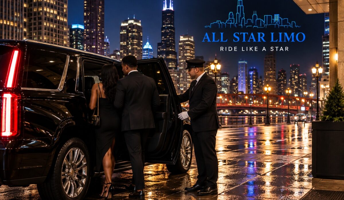 All Star Limo chauffeur opening the door for a couple on a rain-slicked downtown Chicago street at night