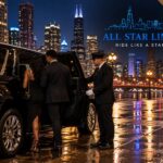 All Star Limo chauffeur opening the door for a couple on a rain-slicked downtown Chicago street at night