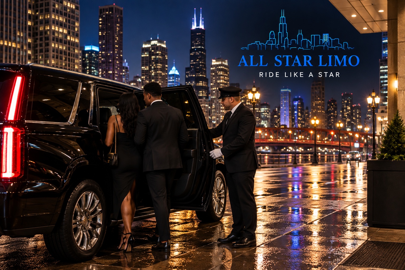 All Star Limo chauffeur opening the door for a couple on a rain-slicked downtown Chicago street at night