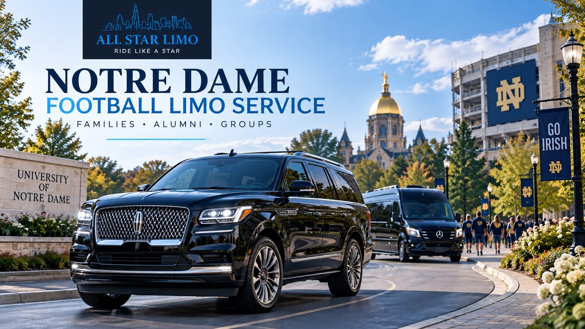 Notre Dame football limo service with All Star Limo luxury SUV and Mercedes Sprinter for families alumni and groups