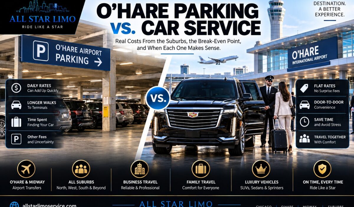 O'Hare parking vs. car service, comparing a crowded airport parking garage with a chauffeur greeting a traveler at a black Cadillac Escalade outside the O'Hare terminal
