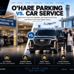 O'Hare parking vs. car service, comparing a crowded airport parking garage with a chauffeur greeting a traveler at a black Cadillac Escalade outside the O'Hare terminal
