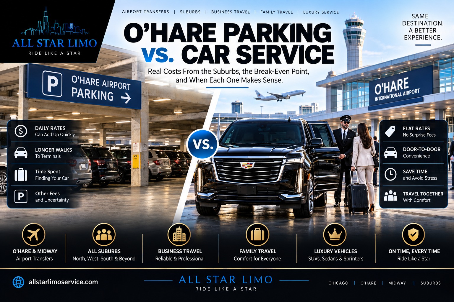 O'Hare parking vs. car service, comparing a crowded airport parking garage with a chauffeur greeting a traveler at a black Cadillac Escalade outside the O'Hare terminal