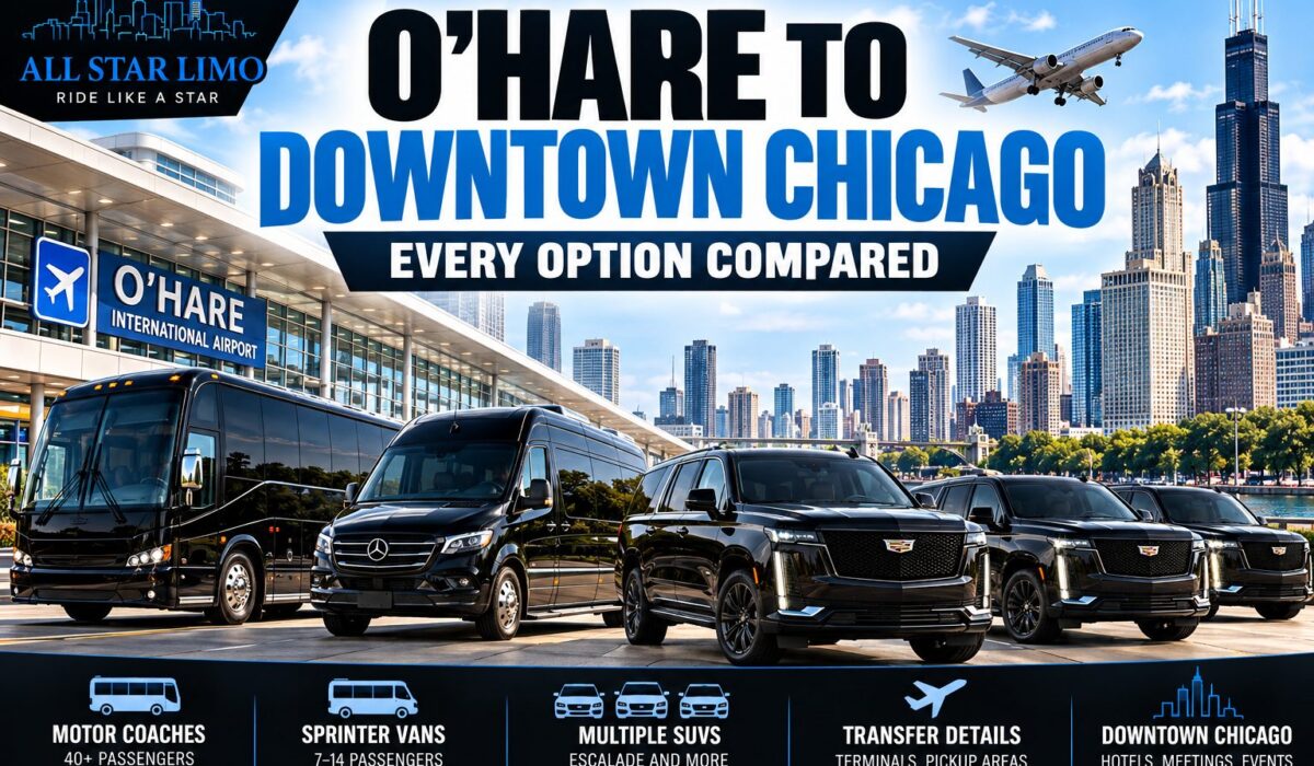 All Star Limo O'Hare to downtown Chicago transfer guide comparing motor coach, Sprinter van and black Cadillac Escalade SUV options
