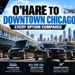 All Star Limo O'Hare to downtown Chicago transfer guide comparing motor coach, Sprinter van and black Cadillac Escalade SUV options